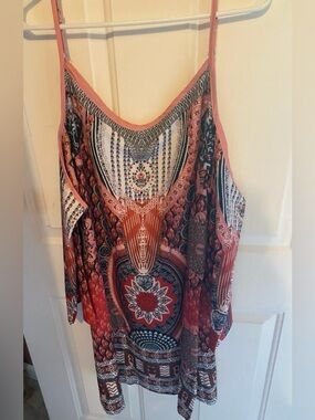 Women's Red Patterned Cold-Shoulder Tank Top